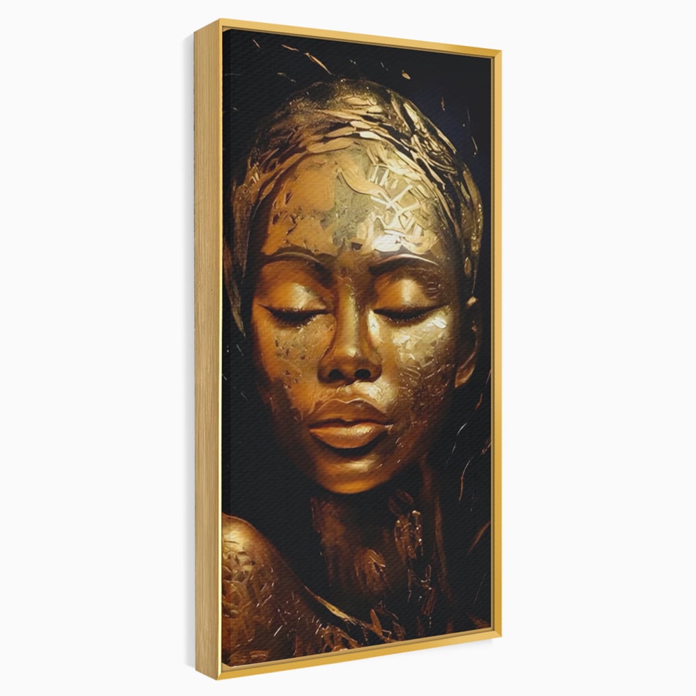 Tablou canvas cu tablou canvas cu femeie africana aurie, in rama de aluminiu auriu